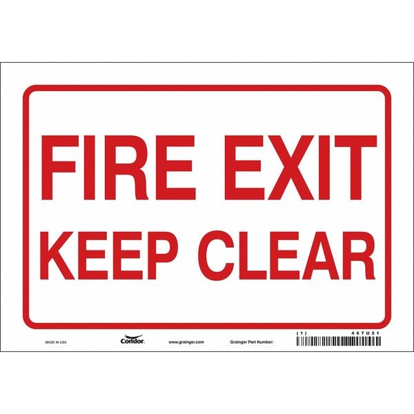 Condor Safety Sign Emergency Exit, Vinyl, 10 in W, 7 in H, FIRE EXIT KEEP CLEAR, White - 467U21