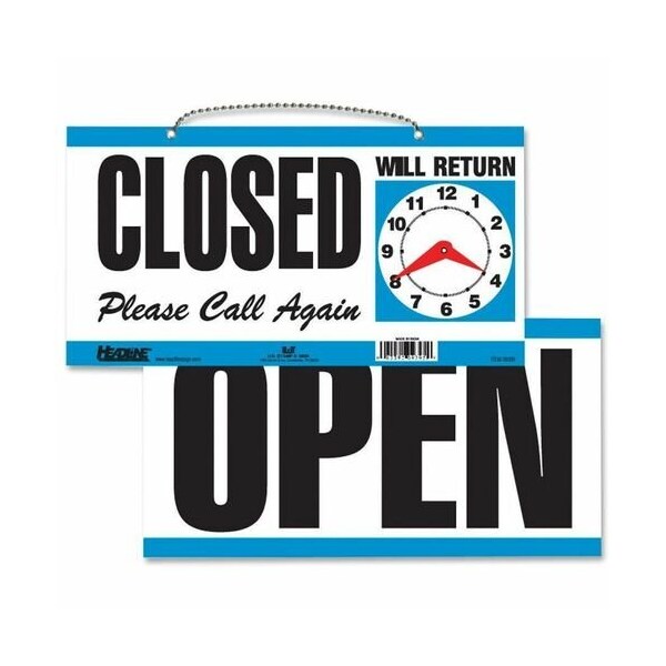 Headline Signs Sign, inOpen/Closedin, w/Clock Hands, 11-1/2inx6in, White/Blue - HDS9395