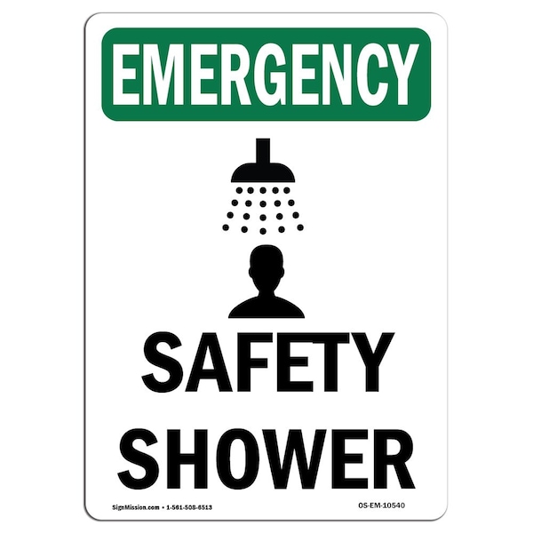 Signmission Safety Sign, OSHA EMERGENCY, 24" Height, Rigid Plastic, Safety Shower, Portrait - OS-EM-P-1824-V-10540