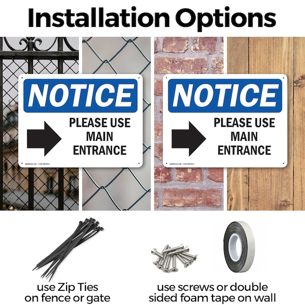 Signmission Please Use Main Entrance [Right Arrow], 10 in W x Rectangle, Plastic - OS-2PACK-NS-P-710-L-17616