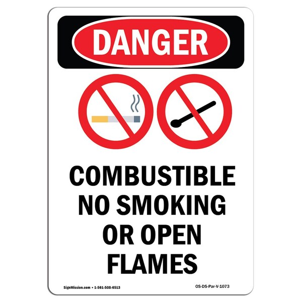 Signmission OSHA Danger Sign, Combustible No Smoking, 18in X 12in Decal, 12" W, 18" L, Portrait - OS-DS-D-1218-V-1073