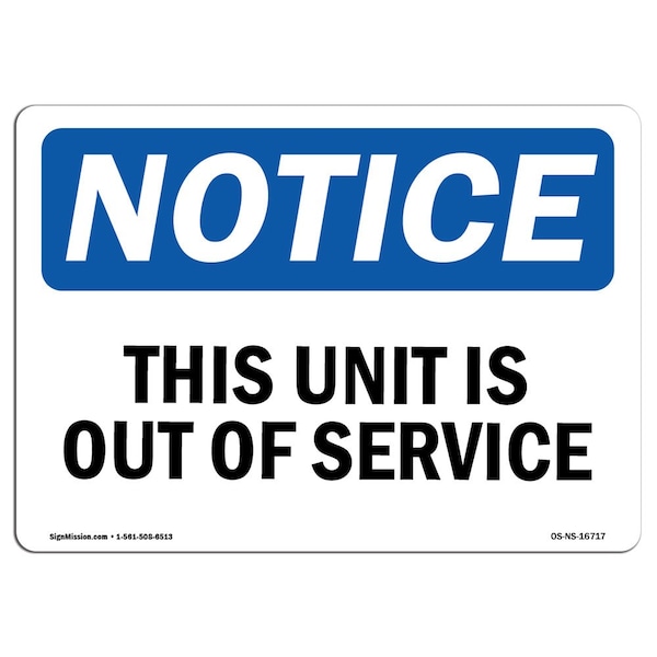 Signmission Safety Sign, OSHA Notice, 7" Height, NOTICE This Unit Is Out Of Service Sign, Landscape - OS-NS-D-710-L-16717