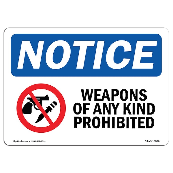 Signmission OSHA Notice Sign, 3.5" Height, 5" Width, NOTICE Weapons Of Any Kind Prohibited Sign, Landscape - OS-NS-D-35-L-16896