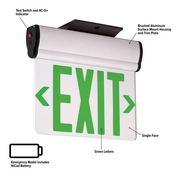 Dual-Lite Edge-Lit Exit Sign, LED, BatteryBackUp, Grn, CELS1GNE - CELS1GNE