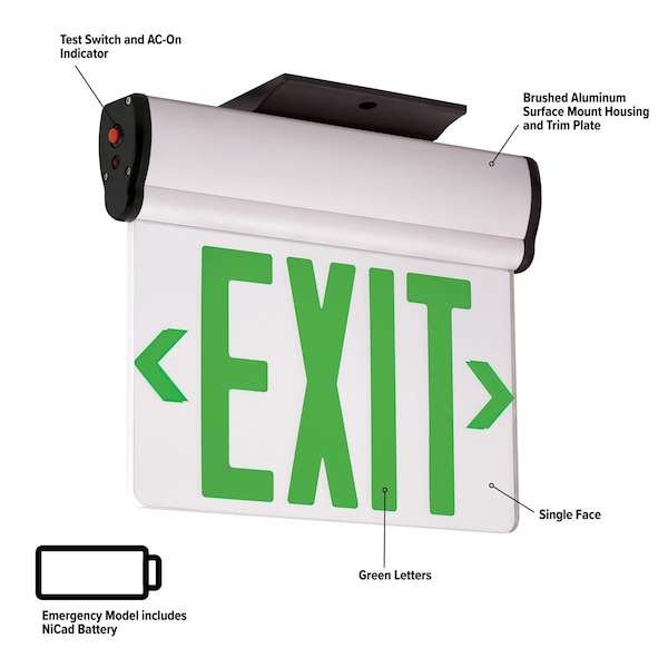 Dual-Lite Edge-Lit Exit Sign, LED, BatteryBackUp, Grn, CELS1GNE - CELS1GNE