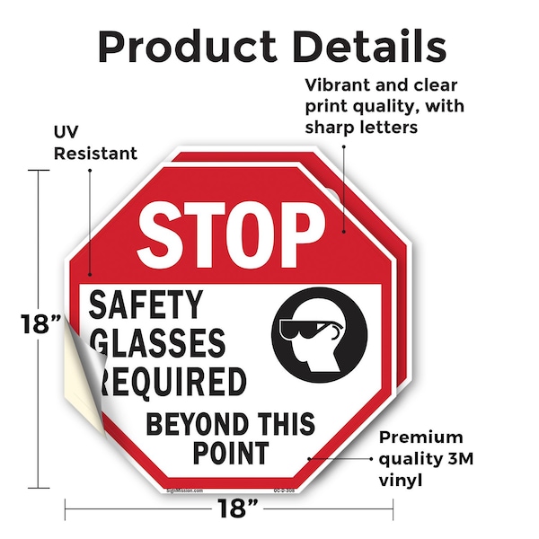 Signmission Stop Safety Glasses Required Beyond, 18 inch X 18 inch, Vinyl Decal, 2PK - OC-D-2PACK-18-308