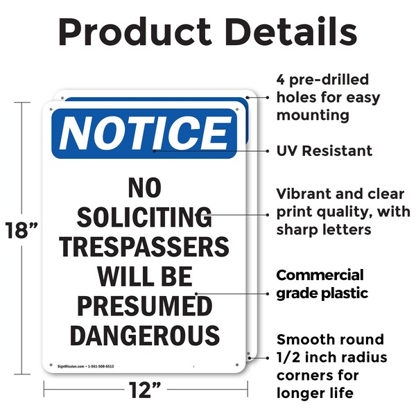 Signmission No Soliciting Trespassers Will OSHA Notice Sign, Plastic, 12in W x 18in L, 2PK - OS-2PACK-NS-P-1218-V-14840