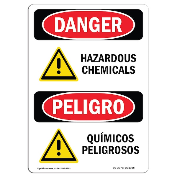 Signmission Safety Sign, OSHA Danger, 14" Height, Aluminum, Hazardous Chemicals Bilingual Spanish - OS-DS-A-1014-VS-1308