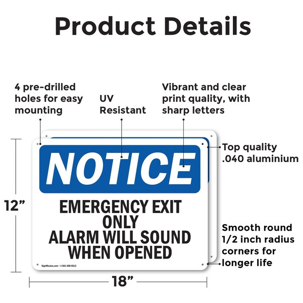 Signmission Exit Sign, Aluminum, 18 in W, 12 in H, Emergency Exit Only Alarm Will Sound When Opened - OS-2PACK-NS-A-1218-L-11813