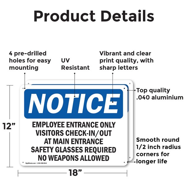 Signmission Employee Entrance Only Visitors Check-In Out OSHA Notice Sign, Aluminum, 18in W x 12in L, 2PK - OS-2PACK-NS-A-1218-L-11949