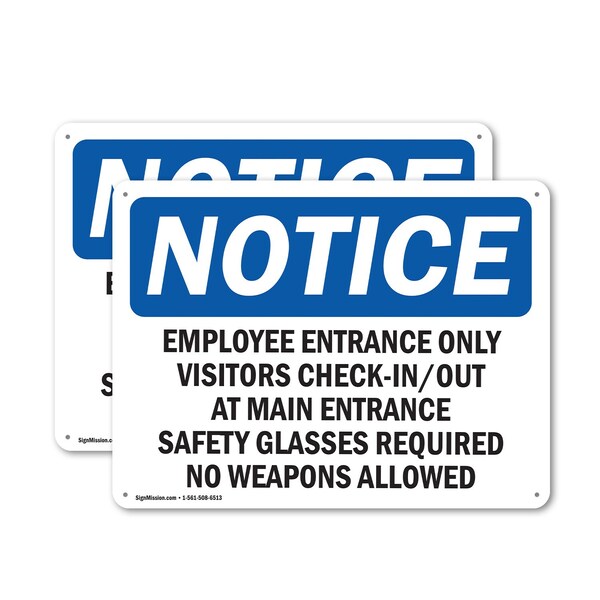 Signmission Employee Entrance Only Visitors Check-In Out OSHA Notice Sign, Aluminum, 18in W x 12in L, 2PK - OS-2PACK-NS-A-1218-L-11949