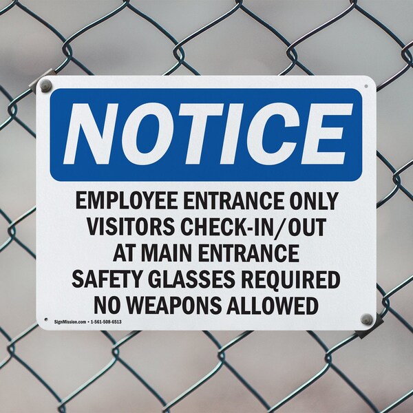 Signmission Employee Entrance Only Visitors Check-In Out OSHA Notice Sign, Aluminum, 18in W x 12in L, 2PK - OS-2PACK-NS-A-1218-L-11949