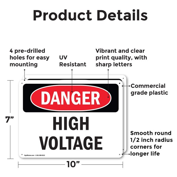 Signmission High Voltage Danger Sign, Plastic, 10in W x 7in L, 2PK - OS-2PACK-DS-P-710-L-1327