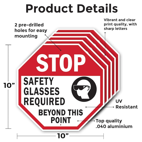 Signmission Stop Safety Glasses Required Beyond, 10 inch X 10 inch, Aluminum Metal Signs, 5PK - OC-A-5PACK-10-308