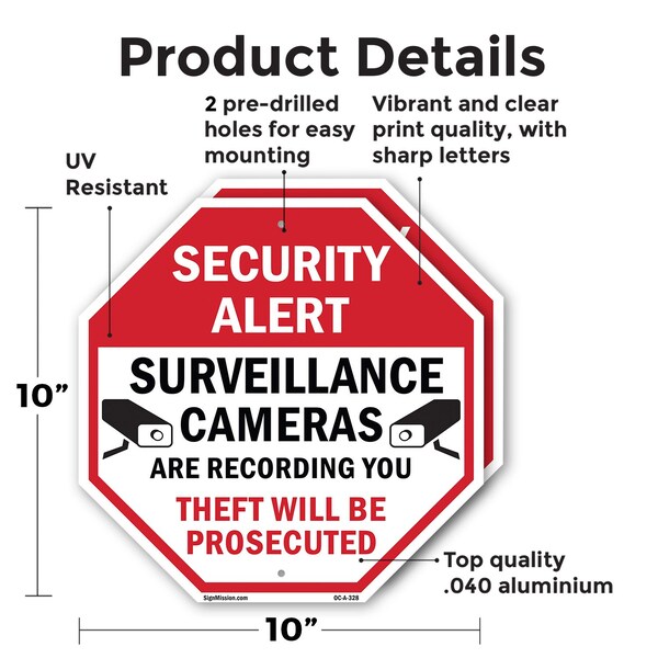 Signmission Security Alert Surveillance Cameras, 10 inch X 10 inch, Aluminum Metal Signs, 2PK - OC-A-2PACK-10-328