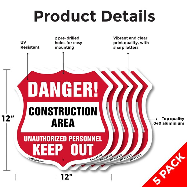 Signmission Construction Area Shield Sign Danger! Un, 12 inch X 12 inch, Aluminum Metal Sign, 5PK - SHI-A-5PACK-12-373