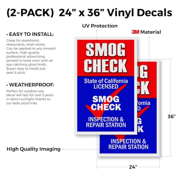 Signmission Smog Check, Vinyl Decals Only 24 Inch x 36 Inch, Vinyl Decal, 2PK - DSB-2436-2PACK-SMOG CHECK