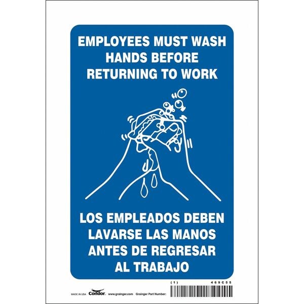 Condor Employees Must Wash Hands Before Returning To Work, 7 in W x 10 in H, Rectangle, Vinyl, 469C55 - 469C55