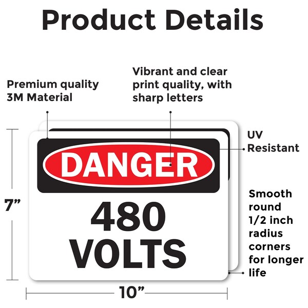Signmission 480 Volts Danger Sign, Vinyl Decal, 10in W x 7in L, 2PK - OS-2PACK-DS-D-710-L-19262