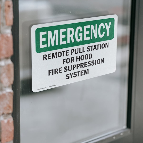 Signmission Remote Pull Station For Hood Fire Suppression Emergency Sign, Vinyl Decal, 5in x 3.5in, 2PK - OS-2PACK-EM-D-35-L-10417