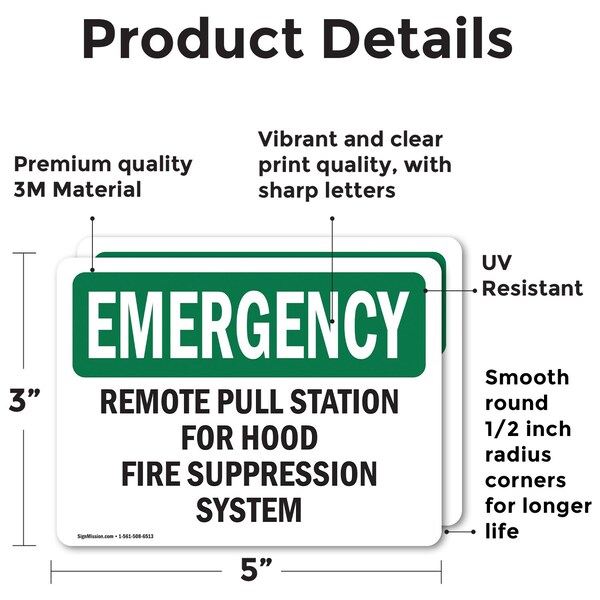 Signmission Remote Pull Station For Hood Fire Suppression Emergency Sign, Vinyl Decal, 5in x 3.5in, 2PK - OS-2PACK-EM-D-35-L-10417