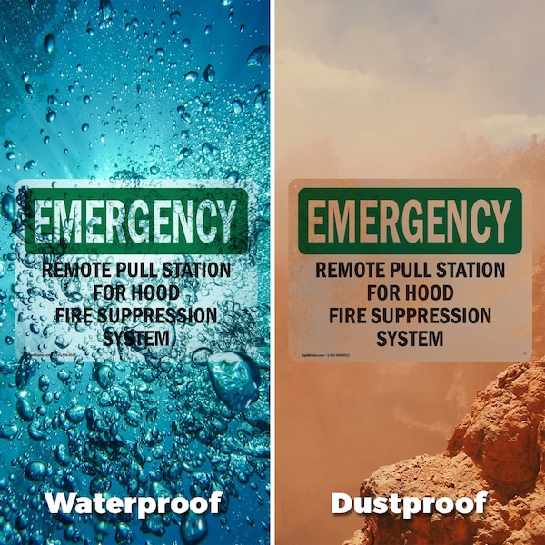 Signmission Remote Pull Station For Hood Fire Suppression Emergency Sign, Vinyl Decal, 5in x 3.5in, 2PK - OS-2PACK-EM-D-35-L-10417