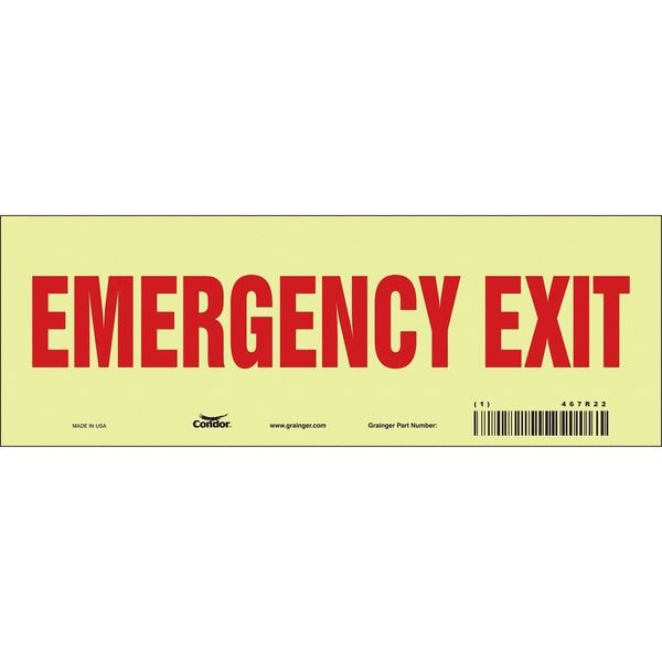 Condor Exit Sign, Vinyl, 10" W, 3-1/2" H, Emergency Exit, White - 467R22