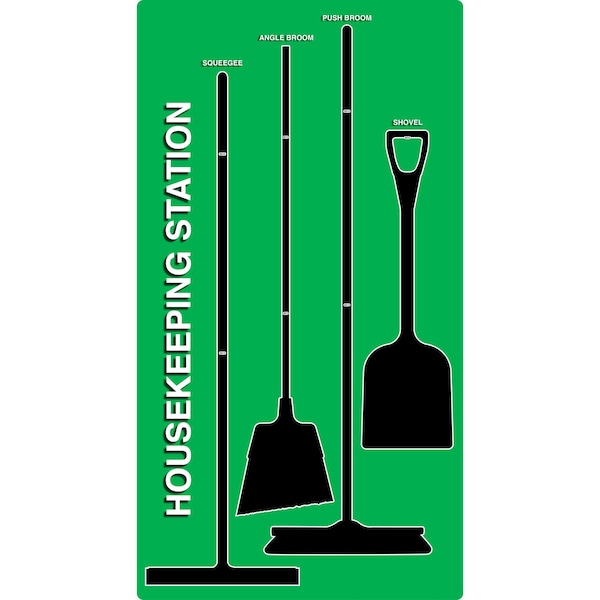 5S Supplies 5S Housekeeping Shadow Board Broom Station Version 6- Green Board / Black Shadows No Broom - HSB-V6-GREEN-BO