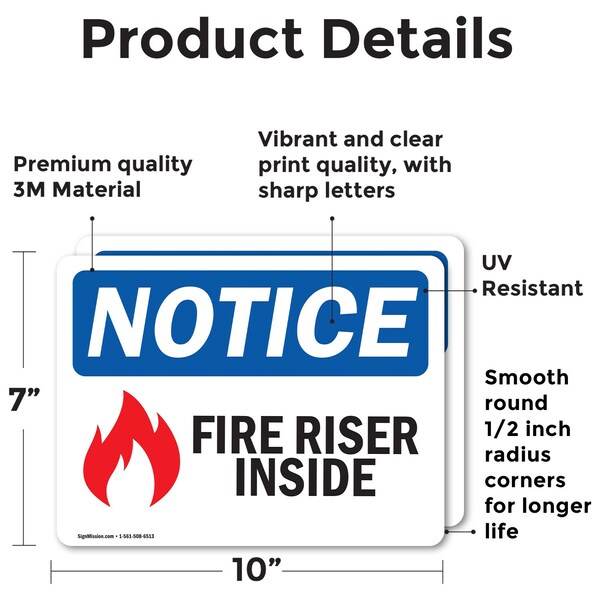 Signmission Fire Riser Inside Sign, Vinyl Decal, 10in W x 7in L, 2PK - OS-2PACK-NS-D-710-L-12649