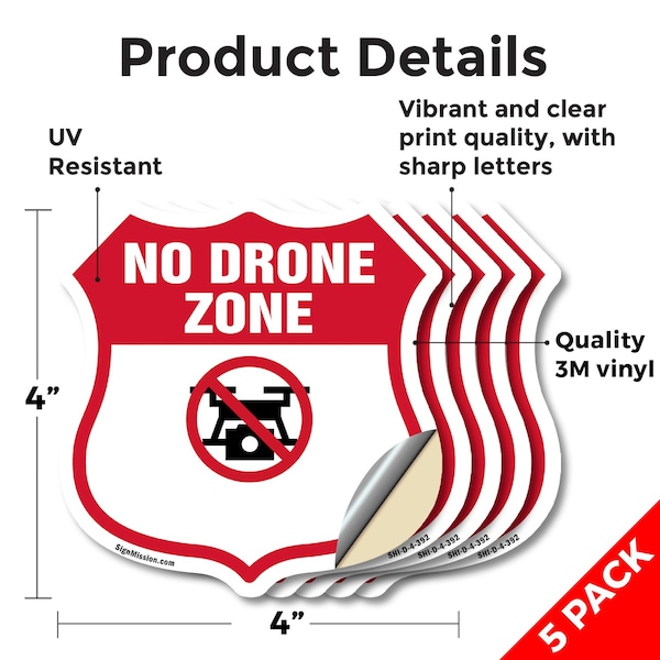 Signmission No Drone Shield Sign No Drone Zone From, 4 inch X 4 inch, Vinyl Decal, 5PK - SHI-D-5PACK-4-392