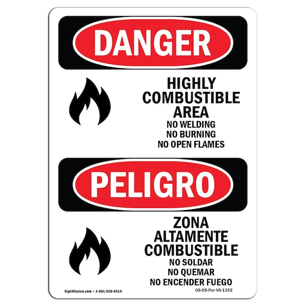 Signmission Safety Sign, OSHA Danger, 14" Height, Rigid Plastic, Highly Combustible Area Bilingual Spanish - OS-DS-P-1014-VS-1352