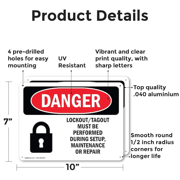 Signmission Lockout Tagout Setup Maintenance Repair Danger Sign, Aluminum, 10in W x 7in L, 2PK - OS-2PACK-DS-A-710-L-1428