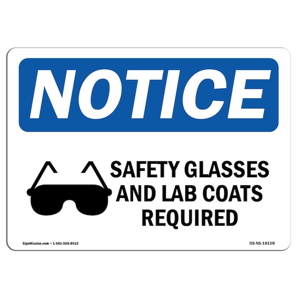 Signmission OSHA Sign, Glasses And Lab Coats Required With Symbol, 5in X 3.5in Decal, 5" W, 3.5" H, Landscape - OS-NS-D-35-L-18158