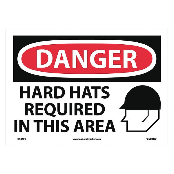Nmc Danger Hard Hats Required In This Area S, 10 in Height, 14 in Width, Pressure Sensitive Vinyl - D545PB