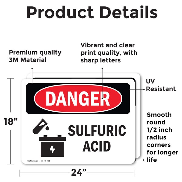 Signmission Sulfuric Acid Danger Sign, Vinyl Decal, 24in W x 18in L, 2PK - OS-2PACK-DS-D-1824-L-2044