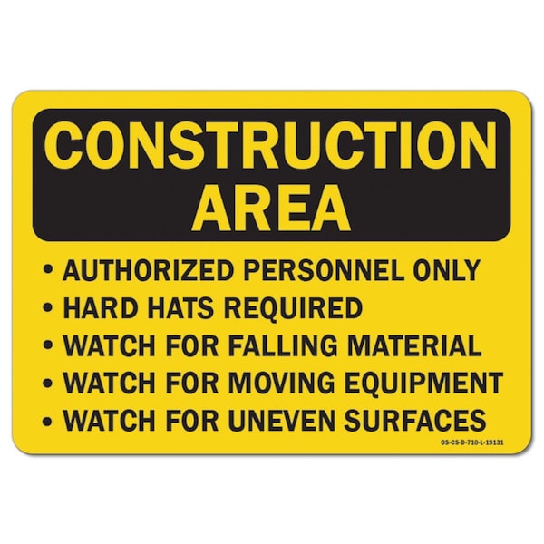 Signmission OSHA Sign, 5" H, 7" W, 5" H, 7" W, Landscape, Construction Area Authorized Personnel Hard Hats Requi - OS-CS-D-57-L-19131