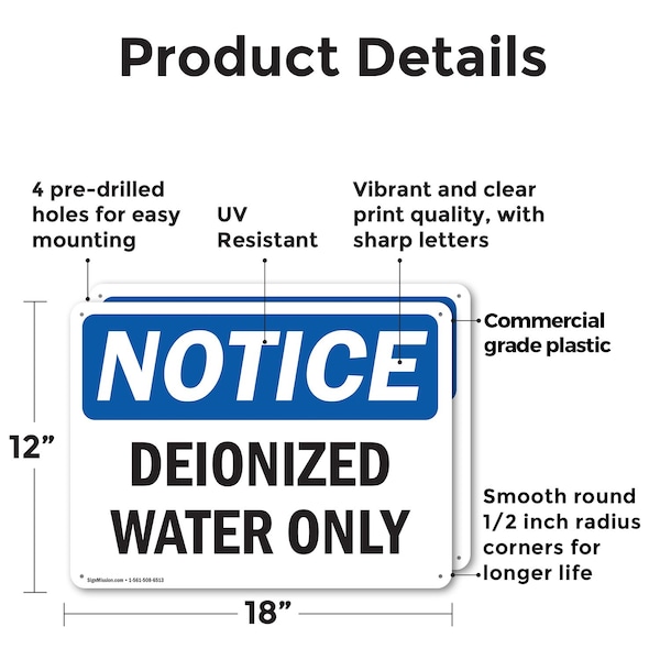 Signmission Deionized Water Only, 18 in W x Rectangle, Plastic - OS-2PACK-NS-P-1218-L-10963