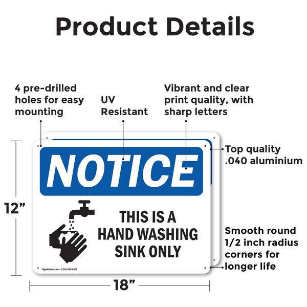 Signmission This Is A Hand Washing Sink Only With Symbol, 18 in W x Rectangle, Aluminum - OS-2PACK-NS-A-1218-L-16684