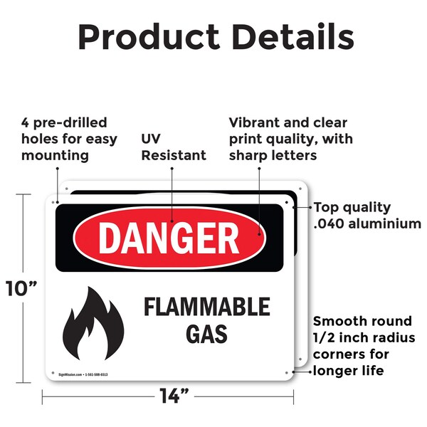 Signmission Flammable Gas Danger Sign, Aluminum, 14in W x 10in L, 2PK - OS-2PACK-DS-A-1014-L-1233
