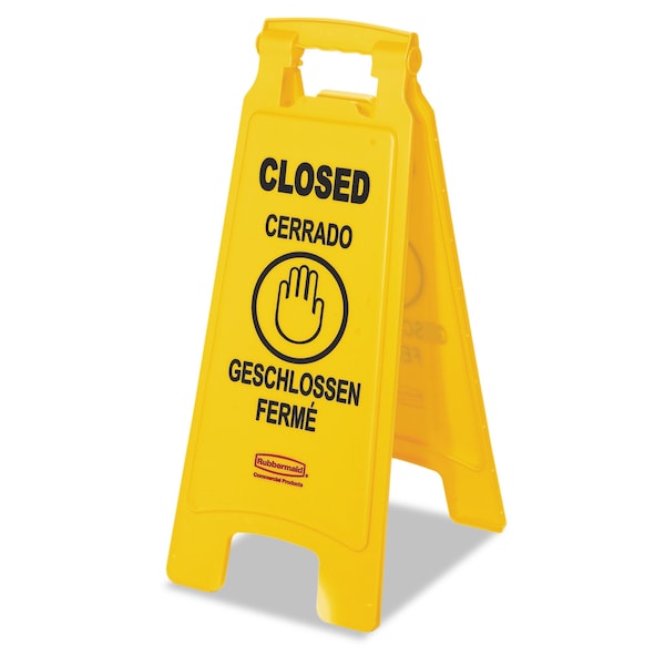 Rubbermaid Commercial Multilingual "Closed" Sign, 2-Sided, Plastic, 11w x 12d x 25h, Yellow - FG611278YEL