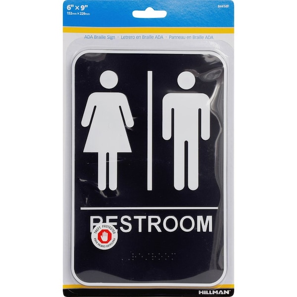 Hillman HILLMAN English Black Restroom Plaque 9 in. H X 6 in. W - 844149