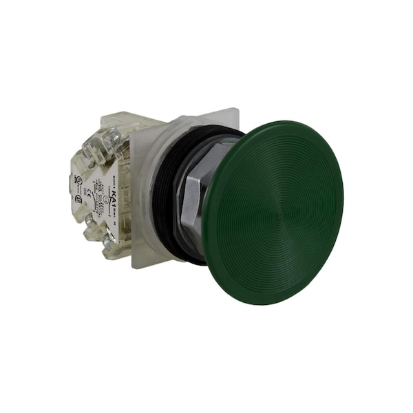 Botón pulsador Square D, Harmony 9001K, metal, champiñón de plástico de 57mm de montaje rápido, verde, 30mm, retorno por resorte, 1 contacto normalmente abierto - 9001KR5GH13.