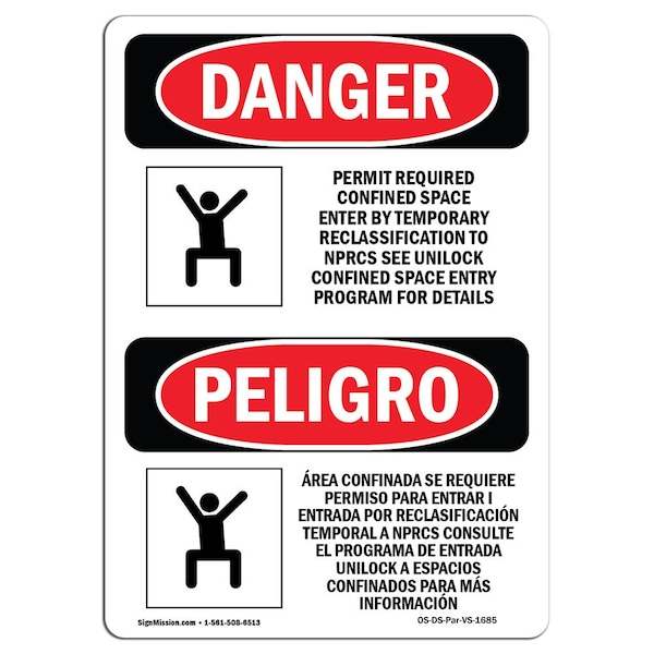 Signmission OSHA Sign, Permit Required Confined Space Bilingual, 5in X 3.5in, 10PK, 3.5" W, 5" H, Spanish, PK10 - OS-DS-D-35-VS-1685-10PK