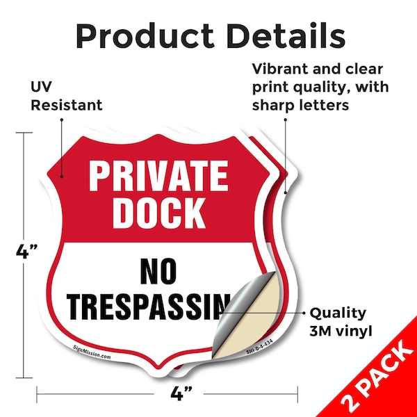 Signmission Private Dock Shield Sign No Trespassing, 4 inch X 4 inch, Vinyl Decal, 2PK - SHI-D-2PACK-4-434