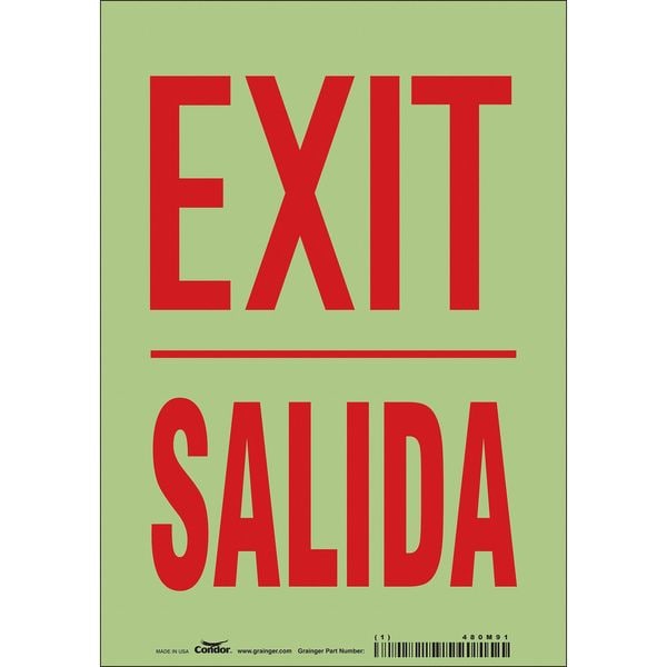 Condor Exit Sign, Vinyl, 7" W, 10" H, Exit/Salida, White - 480M91