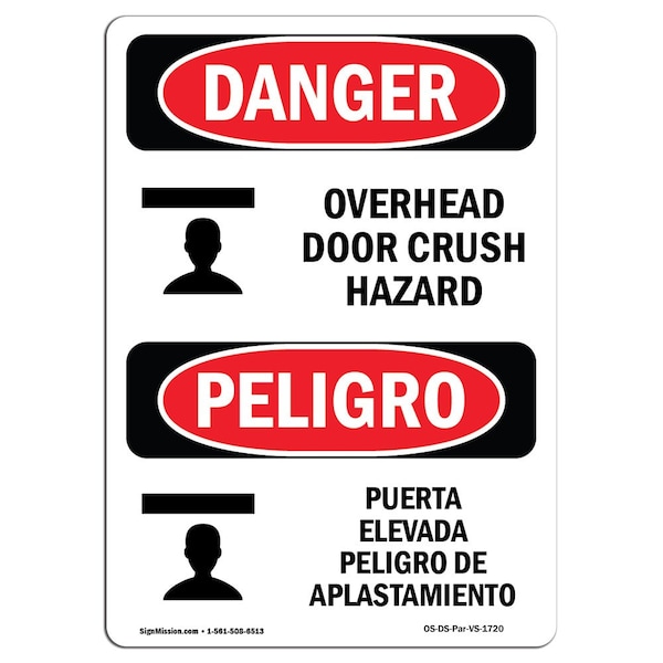 Signmission OSHA Sign, Overhead Door Crush Hazard Bilingual, 5in X 3.5in, 10PK, 3.5" W, 5" L, Spanish, PK10 - OS-DS-D-35-VS-1720-10PK