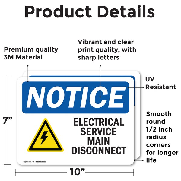 Signmission Electrical Service Main Disconnect Sign With Symbol, 10 in W x Rectangle, Vinyl Decal - OS-2PACK-NS-D-710-L-11694