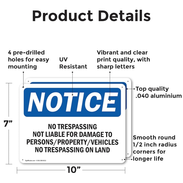 Signmission No Trespassing Not Liable For Damage To OSHA Notice Sign, Aluminum, 10in W x 7in L, 2PK - OS-2PACK-NS-A-710-L-14946