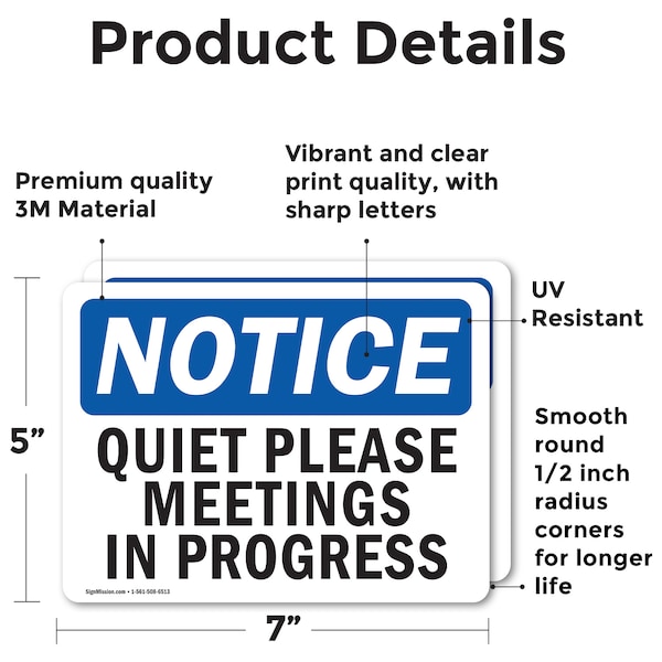 Signmission Quiet Please Meetings In Progress, 7 in W x Rectangle, Vinyl Decal - OS-2PACK-NS-D-57-L-17948