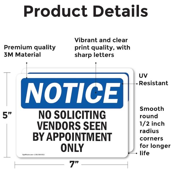 Signmission No Soliciting Vendors Seen By Appointment Only OSHA Notice Sign, Vinyl Decal, 7in W x 5in L, 2PK - OS-2PACK-NS-D-57-L-14841